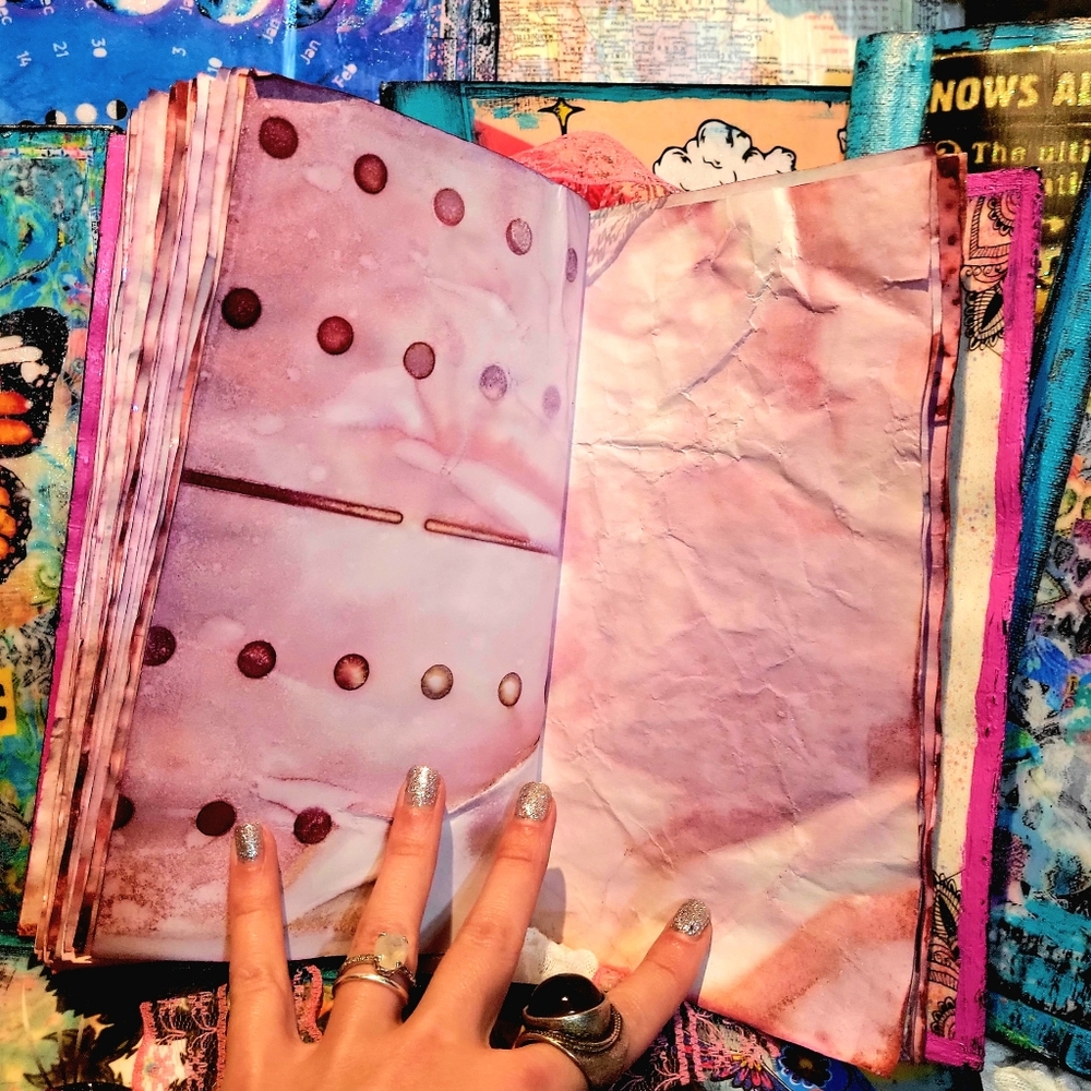 Rose Gold Pink Music and Butterflies Handmade Canvas Journal Hand Dyed Pages - Picture 5 of 12
